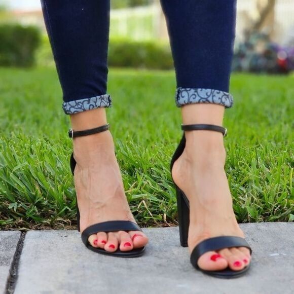 Black PU Ankle Strap Block Heel Dress Sandals - Picture 6 of 6